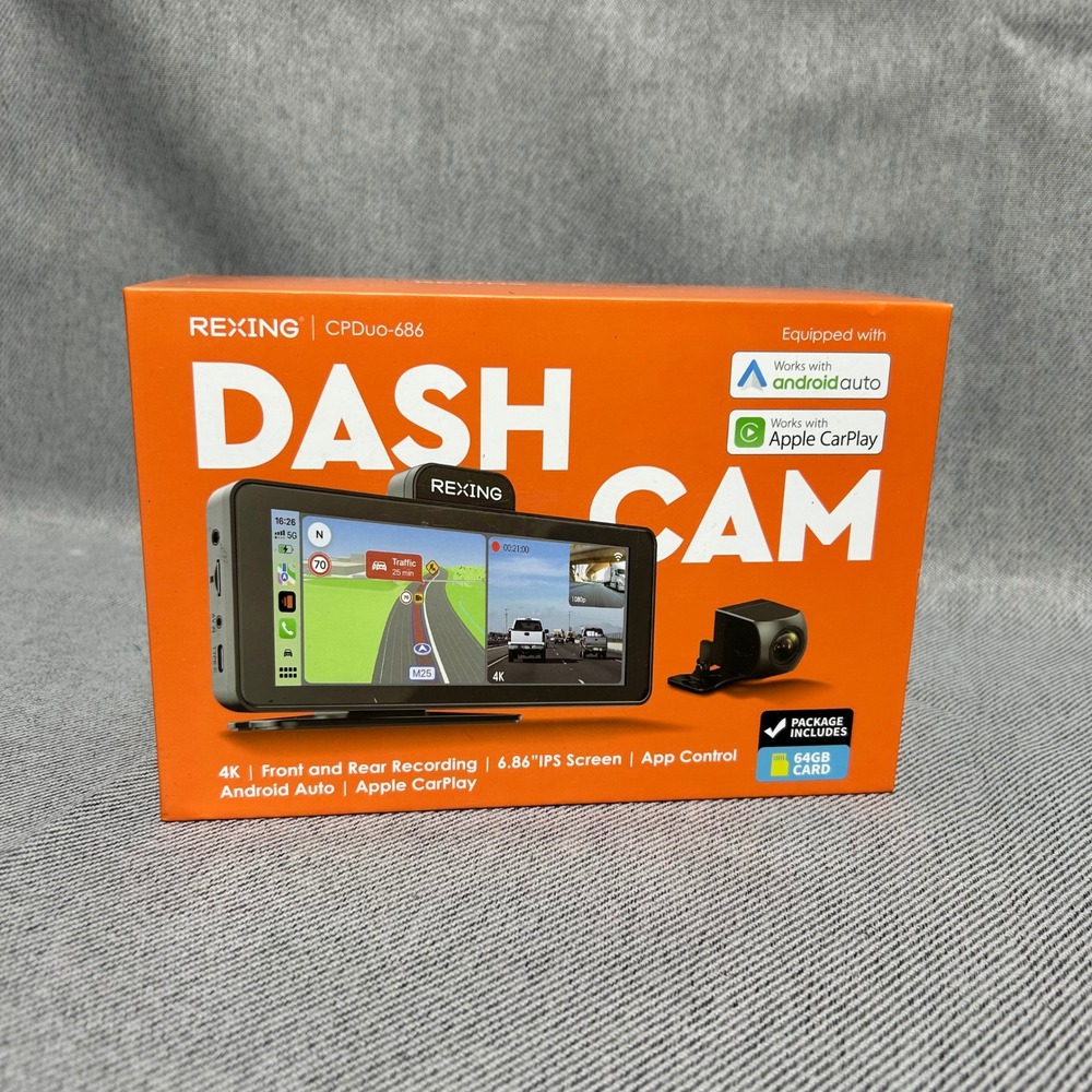 Rexing CPDuo-686 Dash Cam 4K Front 1080p Rear 6.86" Apple CarPlay Android 64GB